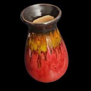 Vintage Drip Glaze Pottery Vase Red Yellow Black Mid Century Studio